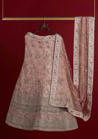 Baby Pink Stonework Velvet Designer Semi-Stitched Lehenga - koskii