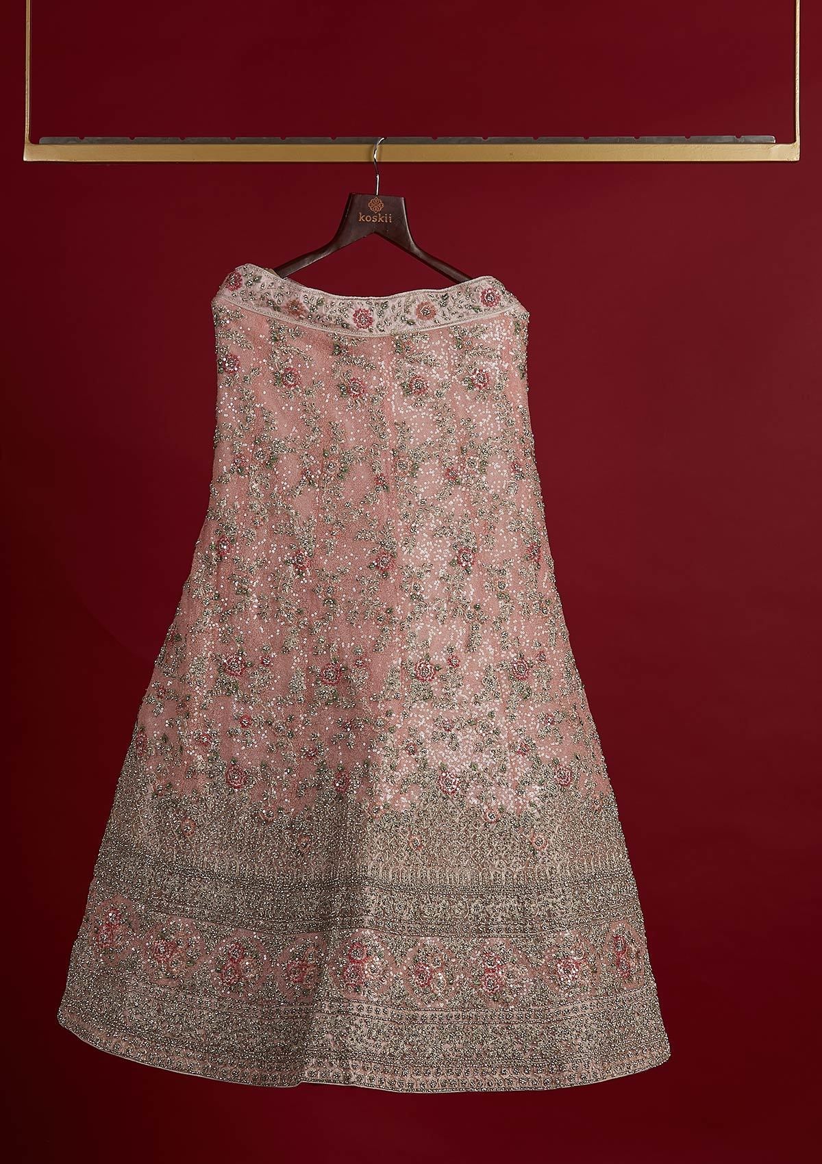 Baby Pink Stonework Velvet Designer Semi-Stitched Lehenga - koskii