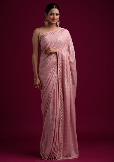 Baby Pink Swarovski Semi Crepe Designer Saree - koskii