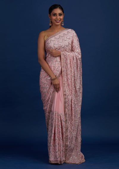 Baby Pink Swarovski Semi Crepe Designer Saree - Koskii