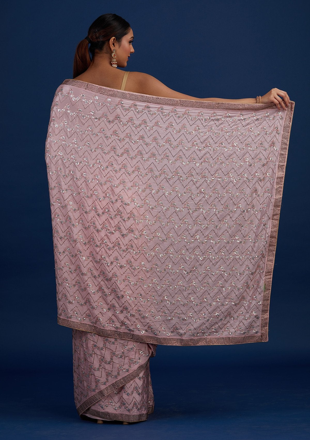 Baby Pink Swarovski Semi Crepe Designer Saree - Koskii
