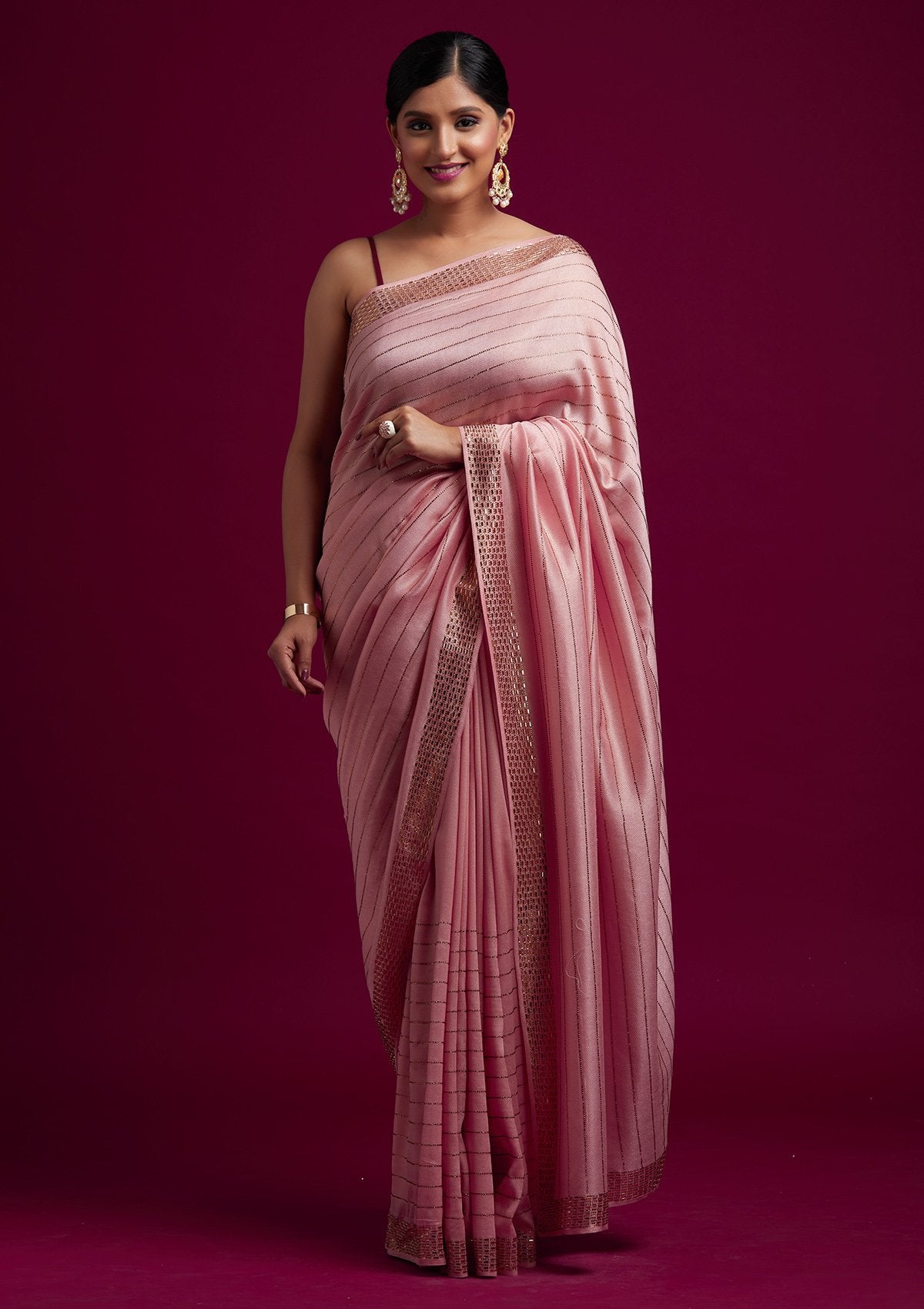 Baby Pink Swarovski Shimmer Designer Saree - koskii