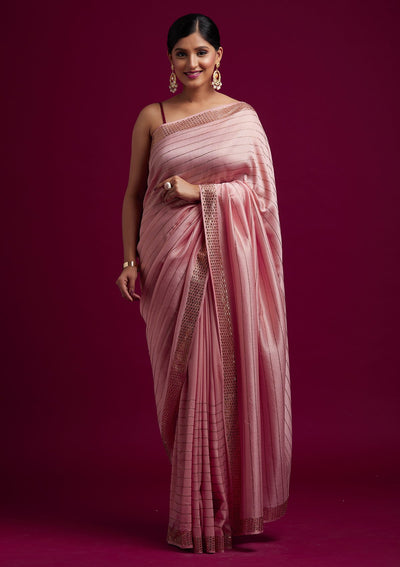 Baby Pink Swarovski Shimmer Designer Saree - koskii