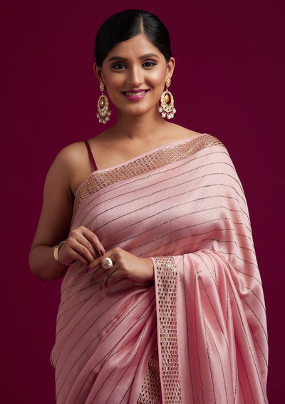 Baby Pink Swarovski Shimmer Designer Saree - koskii