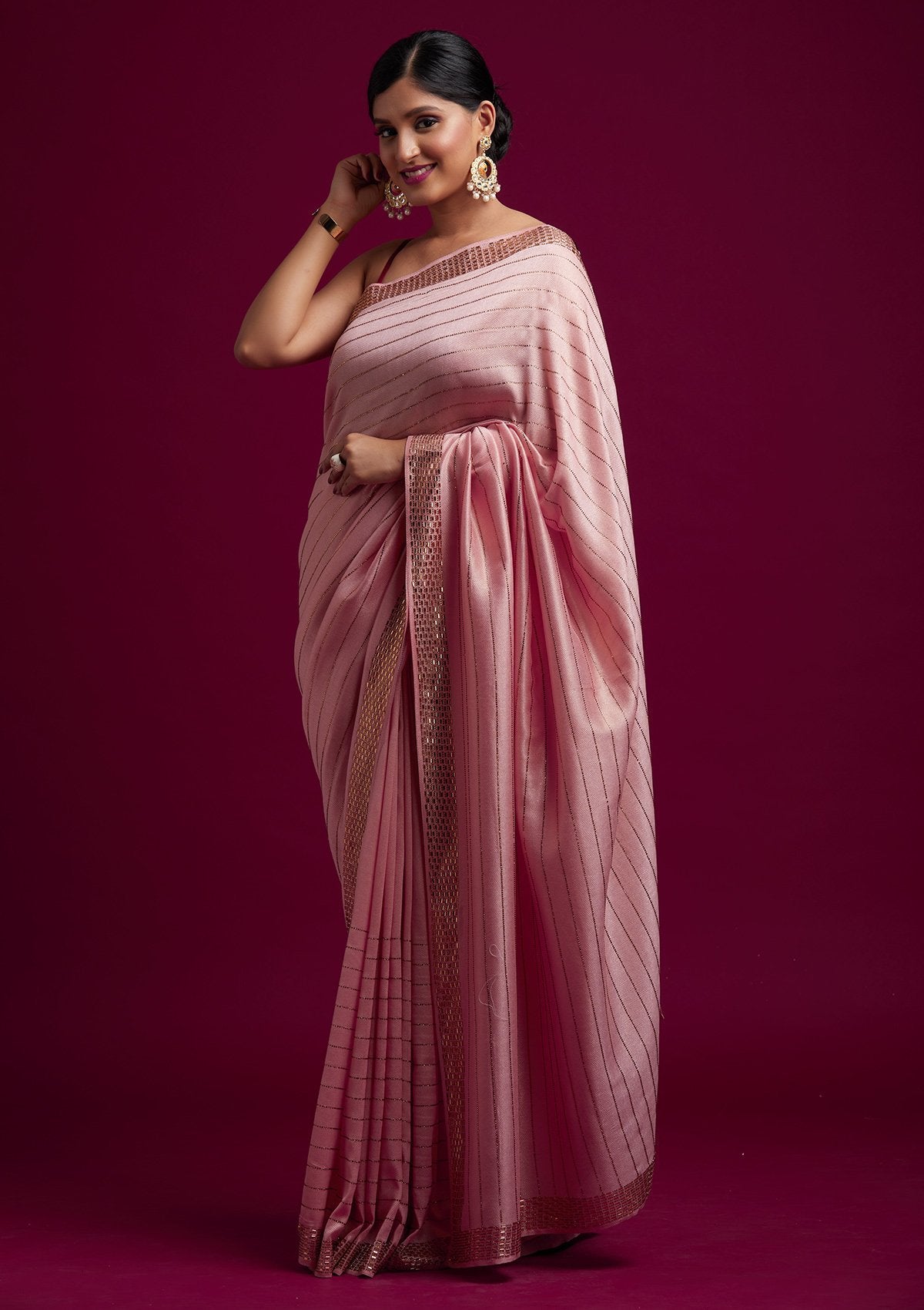 Baby Pink Swarovski Shimmer Designer Saree - koskii