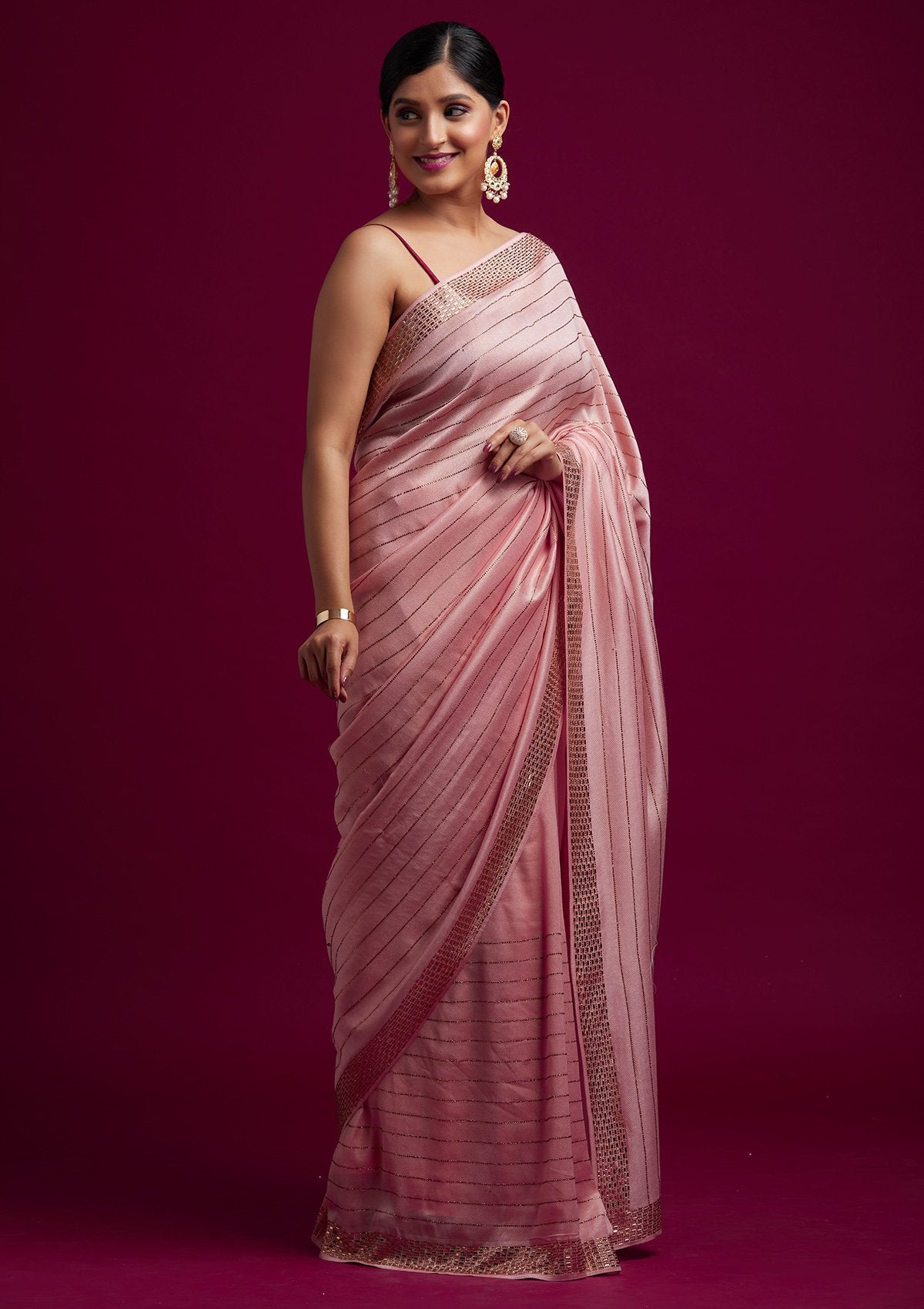 Baby Pink Swarovski Shimmer Designer Saree - koskii