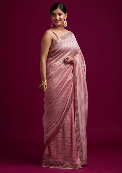 Baby Pink Swarovski Shimmer Designer Saree - koskii