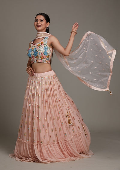 Baby Pink Threadwork Chiffon Lehenga-Koskii