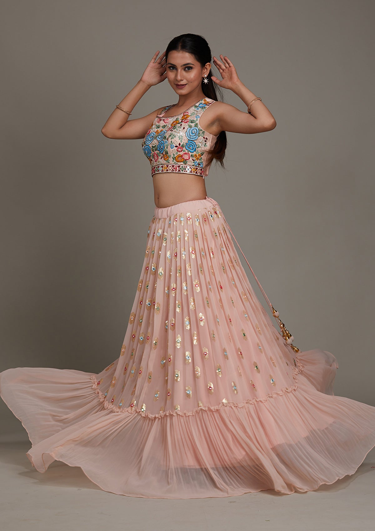 Baby Pink Threadwork Chiffon Lehenga-Koskii
