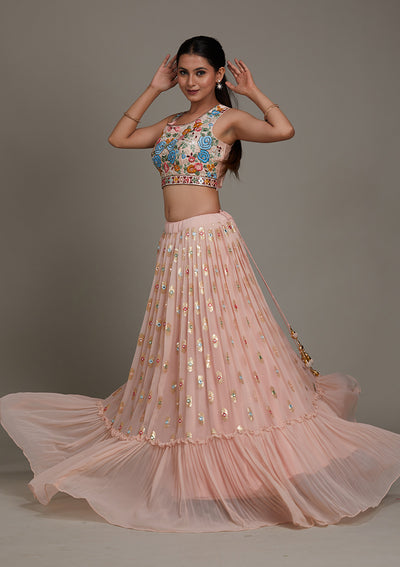 Baby Pink Threadwork Chiffon Lehenga-Koskii