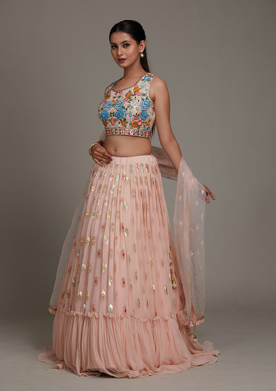 Baby Pink Threadwork Chiffon Lehenga-Koskii