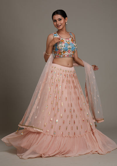 Baby Pink Threadwork Chiffon Lehenga-Koskii