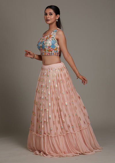 Baby Pink Threadwork Chiffon Lehenga-Koskii