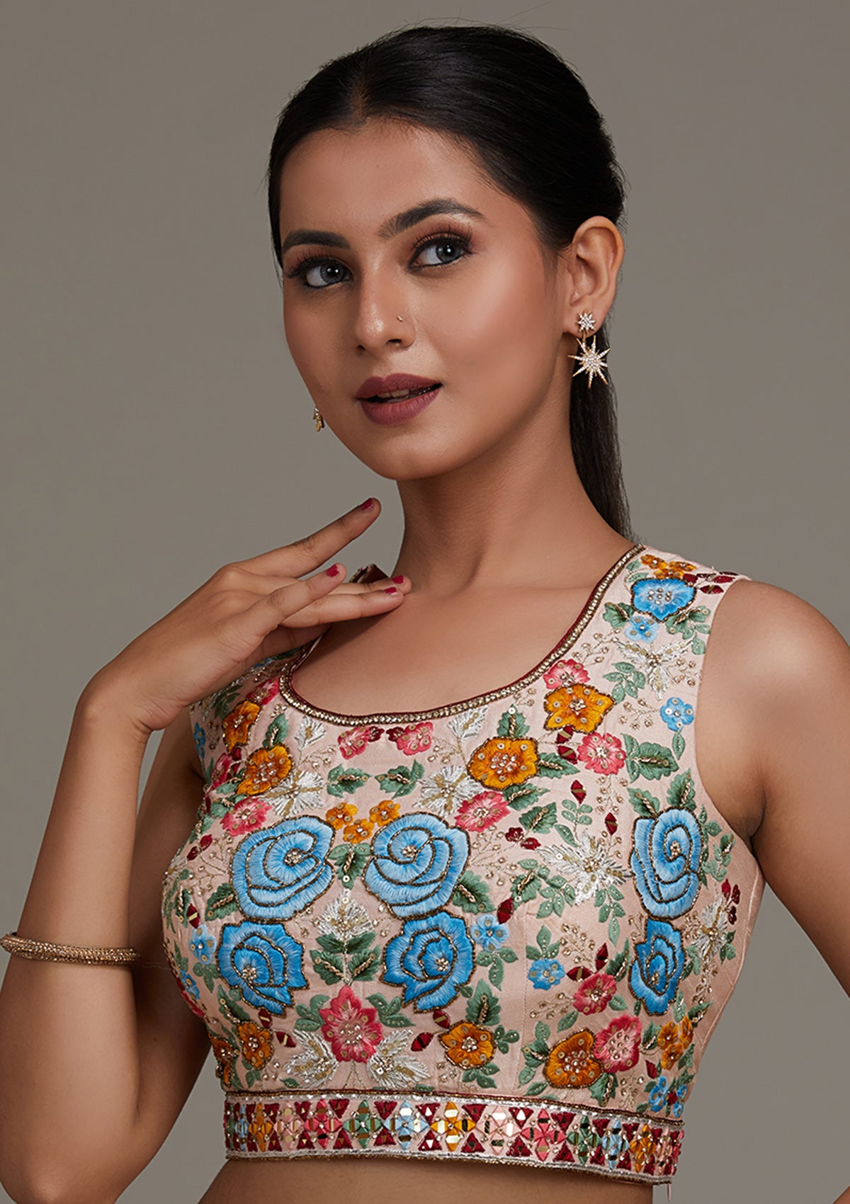 Baby Pink Threadwork Chiffon Lehenga-Koskii