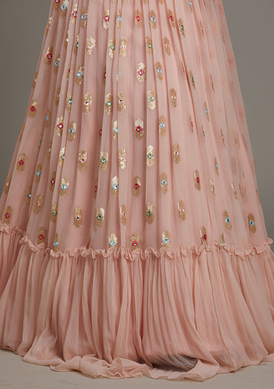 Baby Pink Threadwork Chiffon Lehenga-Koskii