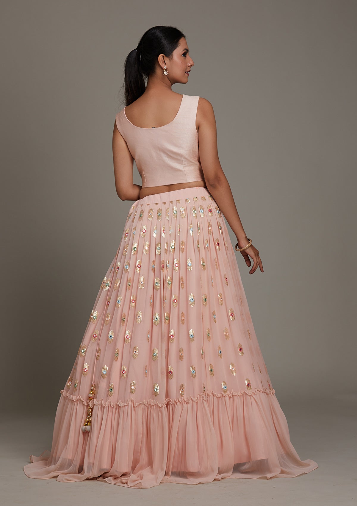Baby Pink Threadwork Chiffon Lehenga-Koskii