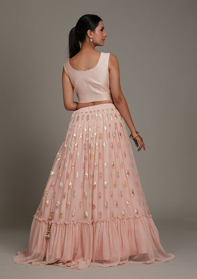Baby Pink Threadwork Chiffon Lehenga-Koskii