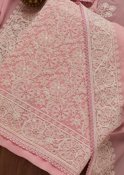 Baby Pink Threadwork Georgette Semi-Stitched Salwar Suit - Koskii
