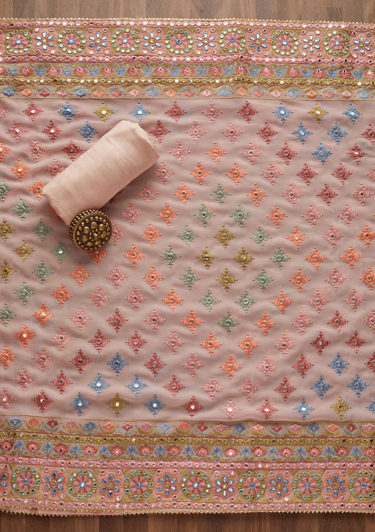 Baby Pink Threadwork Georgette Unstitched Salwar Suit - Koskii