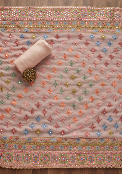 Baby Pink Threadwork Georgette Unstitched Salwar Suit - Koskii