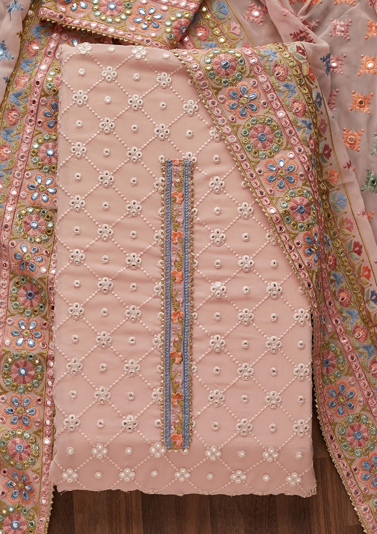 Baby Pink Threadwork Georgette Unstitched Salwar Suit - Koskii