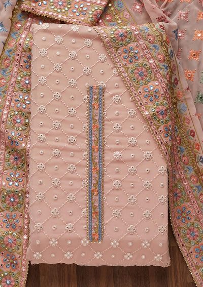 Baby Pink Threadwork Georgette Unstitched Salwar Suit - Koskii
