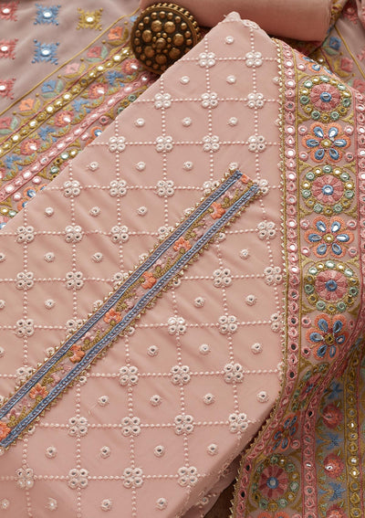 Baby Pink Threadwork Georgette Unstitched Salwar Suit - Koskii
