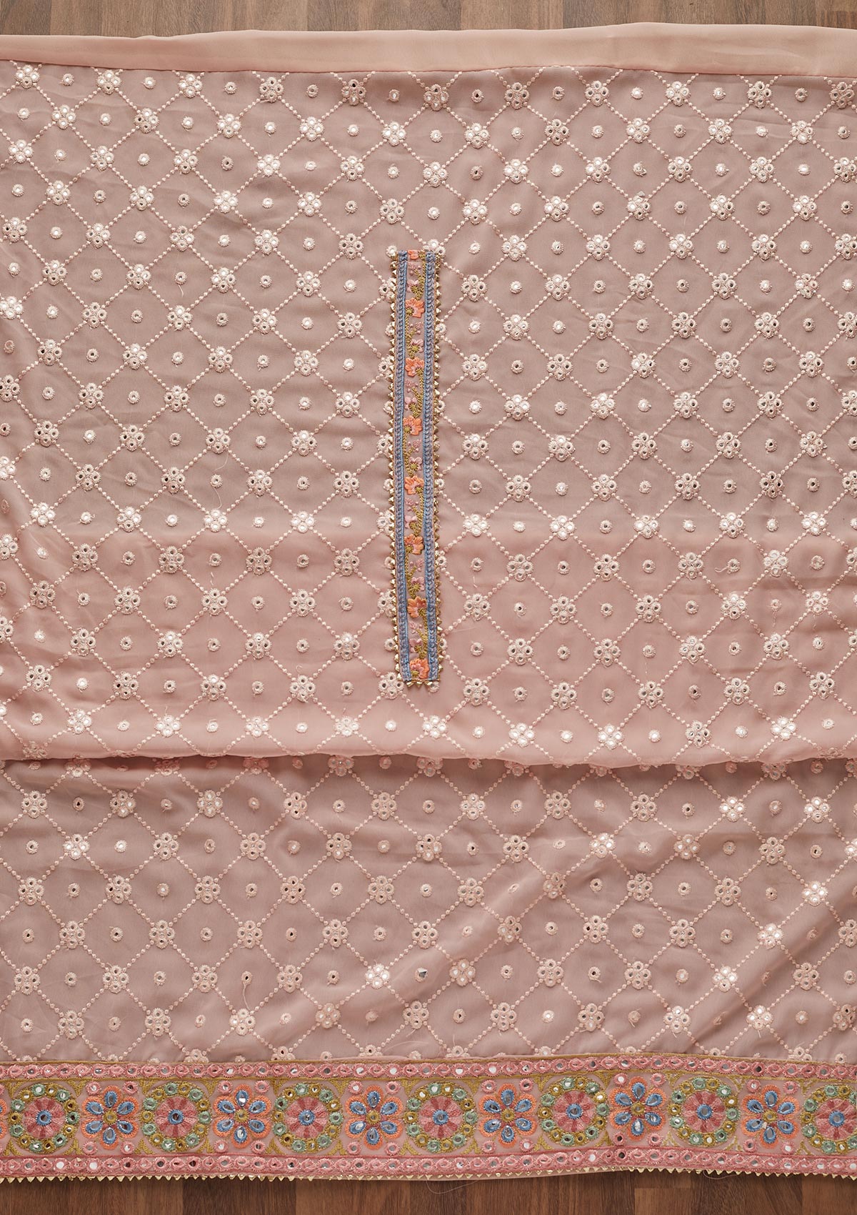 Baby Pink Threadwork Georgette Unstitched Salwar Suit - Koskii