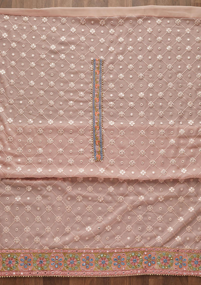 Baby Pink Threadwork Georgette Unstitched Salwar Suit - Koskii