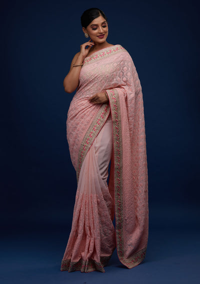 Baby Pink Threadwork Georgette Designer Saree - Koskii