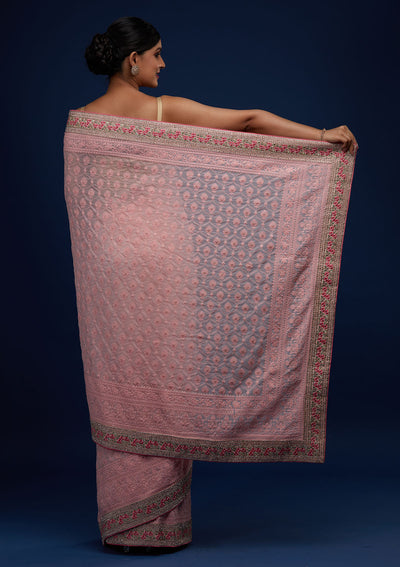 Baby Pink Threadwork Georgette Designer Saree - Koskii