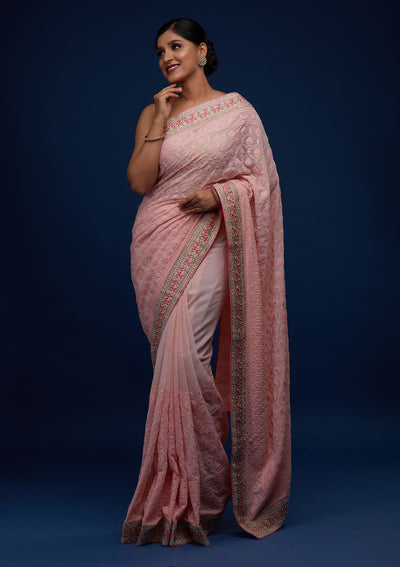 Baby Pink Threadwork Georgette Designer Saree - Koskii