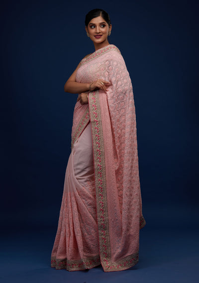 Baby Pink Threadwork Georgette Designer Saree - Koskii