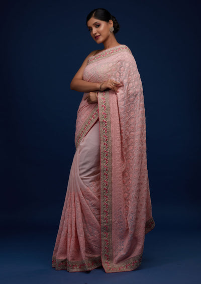 Baby Pink Threadwork Georgette Designer Saree - Koskii