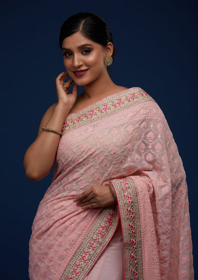Baby Pink Threadwork Georgette Designer Saree - Koskii