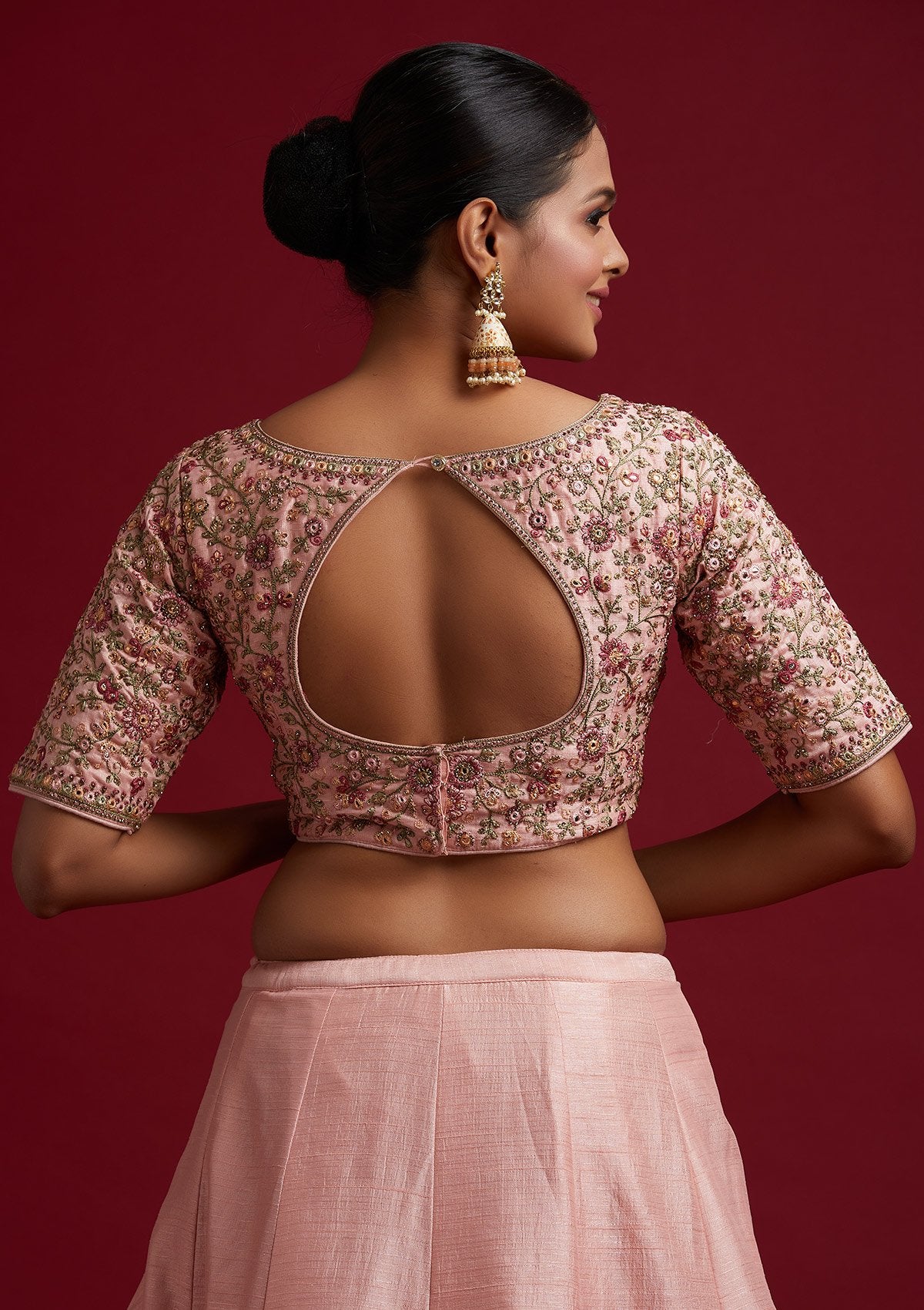 Baby Pink Threadwork Raw Silk Designer Lehenga - koskii