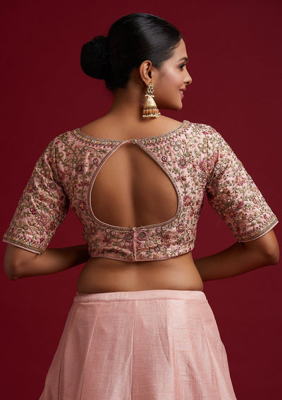 Baby Pink Threadwork Raw Silk Designer Lehenga - koskii
