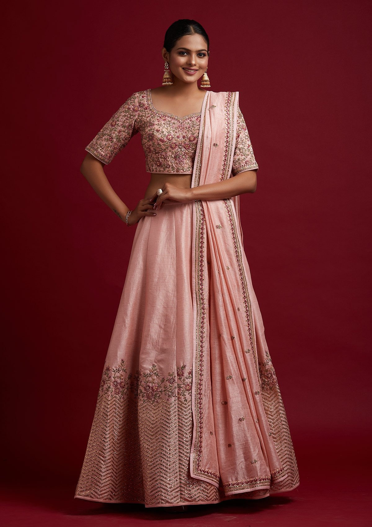 Baby Pink Threadwork Raw Silk Designer Lehenga - koskii