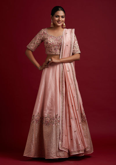 Baby Pink Threadwork Raw Silk Designer Lehenga - koskii