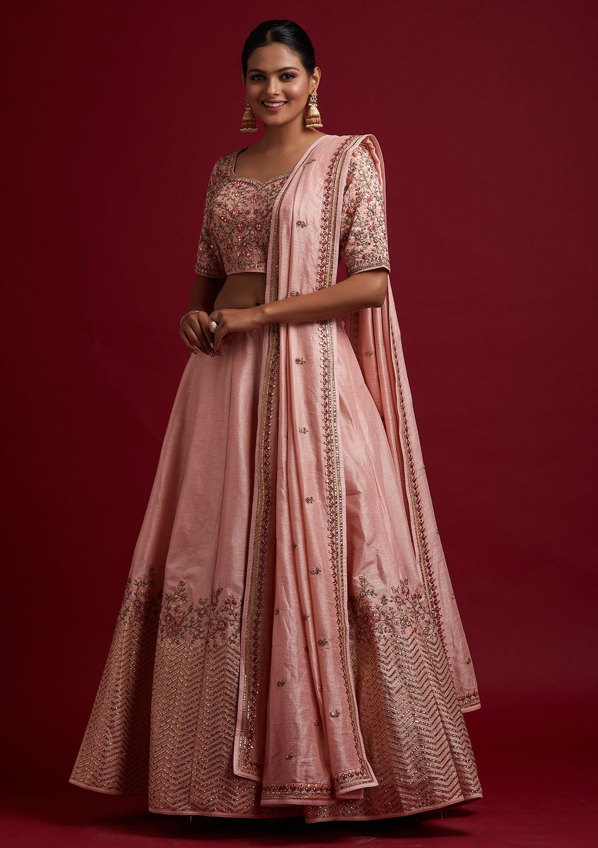 Baby Pink Threadwork Raw Silk Designer Lehenga - koskii