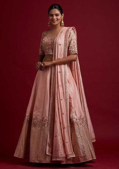 Baby Pink Threadwork Raw Silk Designer Lehenga - koskii