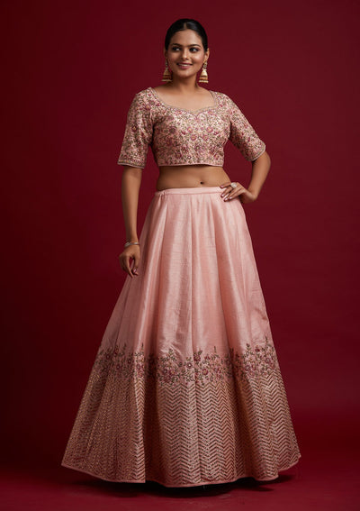 Baby Pink Threadwork Raw Silk Designer Lehenga - koskii