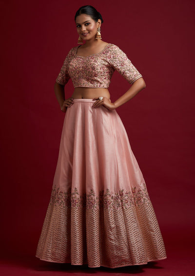 Baby Pink Threadwork Raw Silk Designer Lehenga - koskii