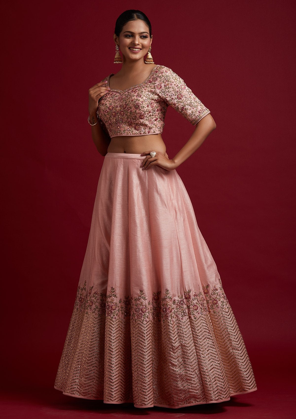 Baby Pink Threadwork Raw Silk Designer Lehenga - koskii