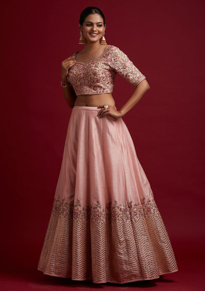 Baby Pink Threadwork Raw Silk Designer Lehenga - koskii