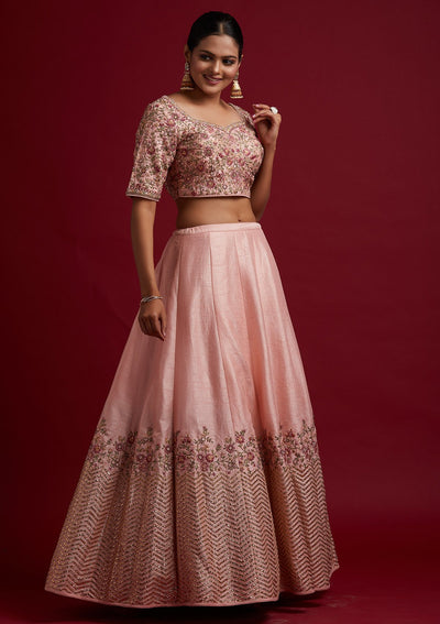 Baby Pink Threadwork Raw Silk Designer Lehenga - koskii