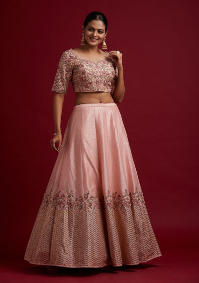Baby Pink Threadwork Raw Silk Designer Lehenga - koskii