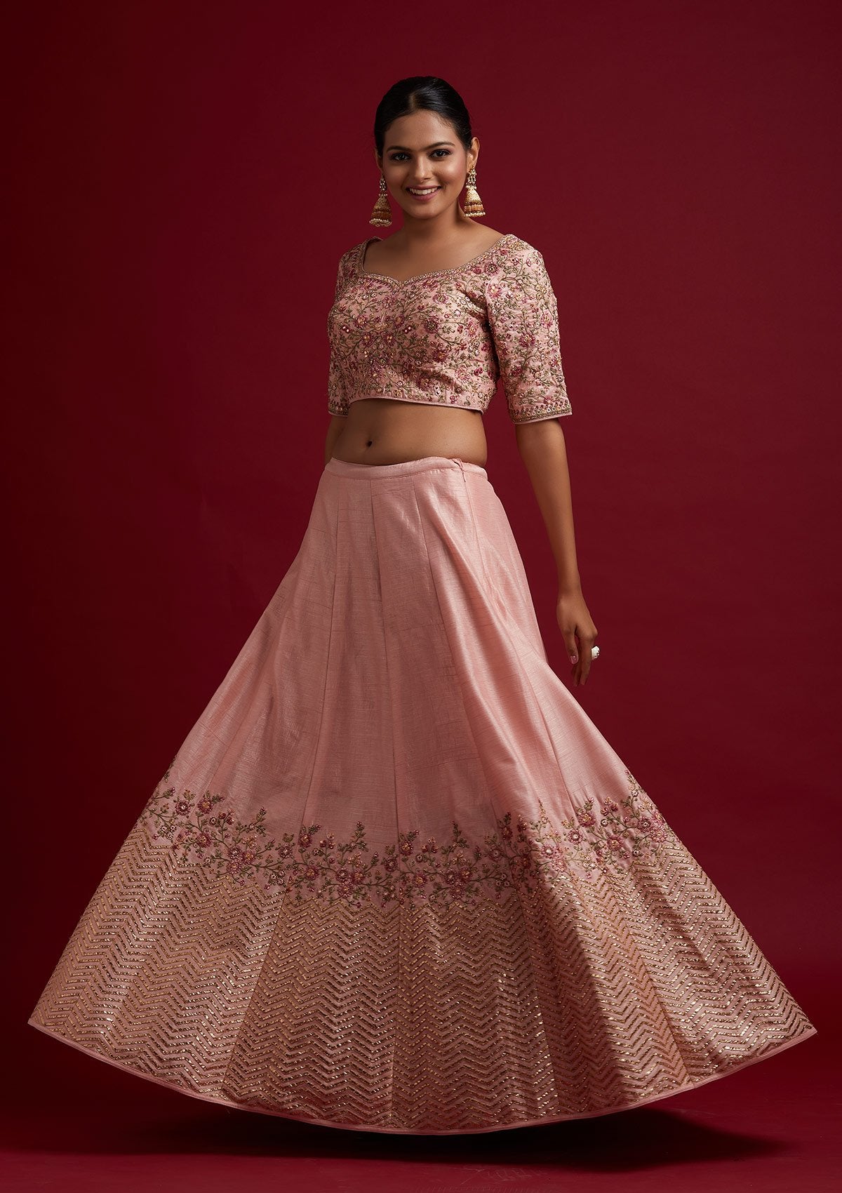 Baby Pink Threadwork Raw Silk Designer Lehenga - koskii