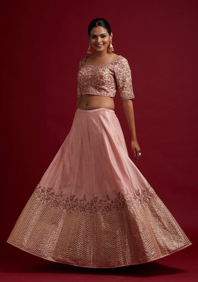 Baby Pink Threadwork Raw Silk Designer Lehenga - koskii