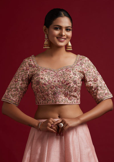 Baby Pink Threadwork Raw Silk Designer Lehenga - koskii